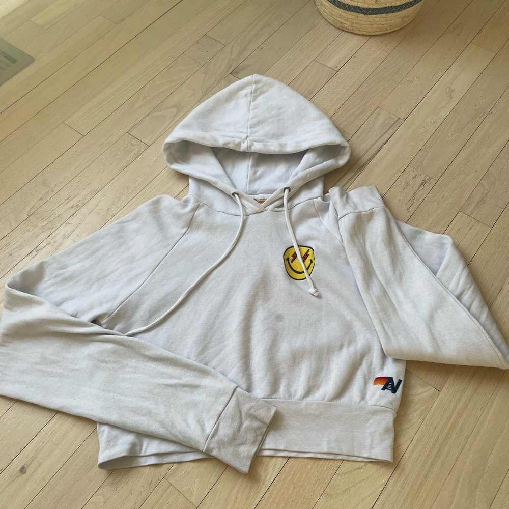 Aviator Nation Cropped Hoodie with Smiley Face Patch